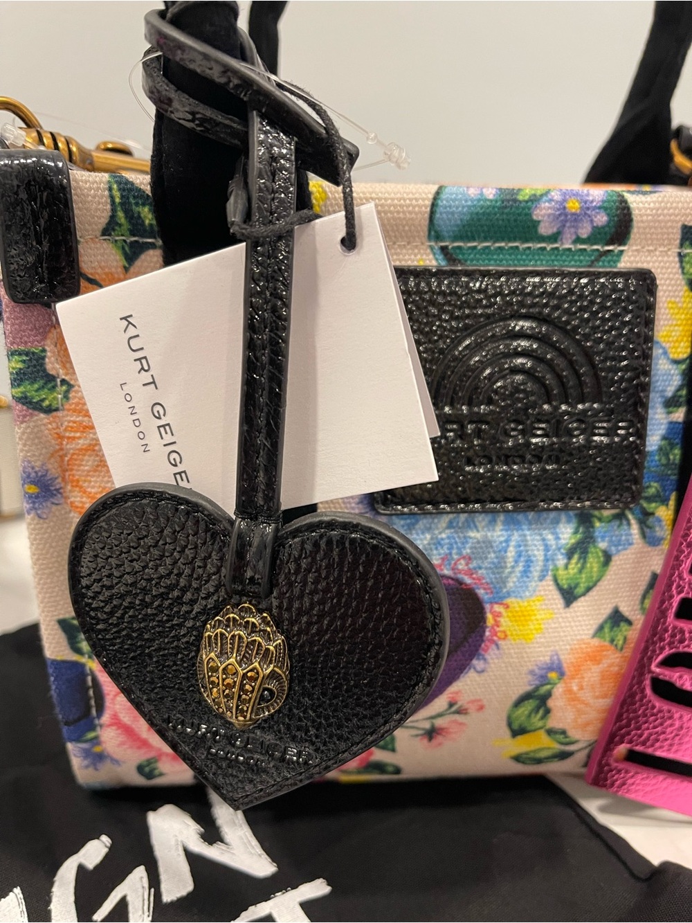 Kurt Geiger Floral Mini Tote with Pink LOVE Tag and Black Heart Charm NWT - Picture 4 of 9